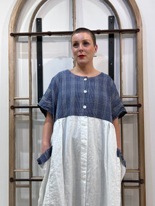 LAN/PSO XVIa Check & Linen Dress - Blue & White