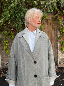P085 Linen Buttoned Back Deep Slit Coat - Grey
