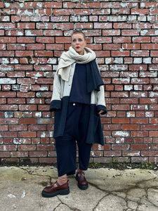 Wool Block Colour Edge Scarf - Oat & Navy